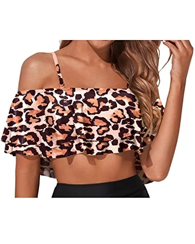 String bikini for a minimalistic and sexy beach styleCute Tiered Ruffled Swim Top Off Shoulder Swim Top-Leopard