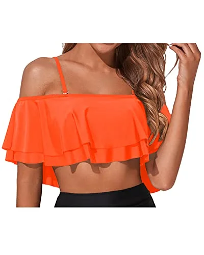 Maternity bikini for expecting mothers to enjoy the beach comfortablySophisticated Elastic Band Flounce Swimsuit Top For Women-Neon Orange