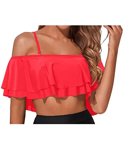 Monokini - style bikini with a unique one - piece - meets - bikini designStylish Spaghetti Shoulder Straps Off Shoulder Swim Top-Neon Red