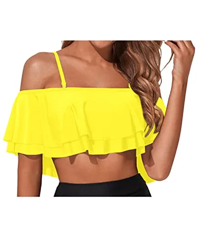 High - waisted bikini for a retro and tummy - flattering lookElegant Adjustable Flounce Swimsuit Top For Women-Neon Yellow