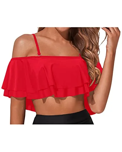 Sports bikini for high - intensity water activities like surfingClassic Smooth Folded Off Shoulder Swim Top-Red