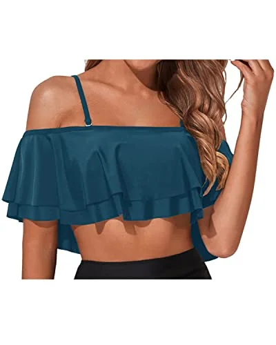 Lace - trimmed bikini for an elegant and romantic touchPadded Bras Bikini Top Off Shoulder Style-Teal