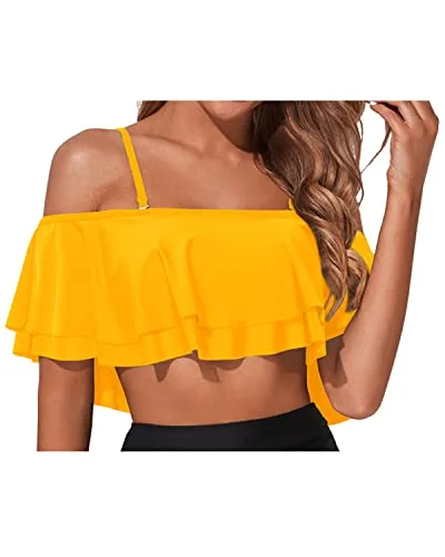 High - waisted bikini for a retro and tummy - flattering lookSexy Ruffle Bikini Top Off Shoulder Swim Top-Yellow