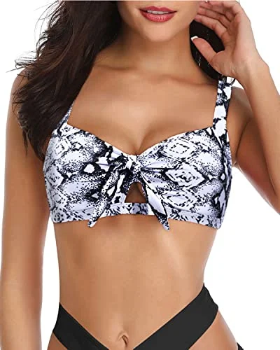 High - performance bikini with quick - drying fabric for active swimmersAdjustable Push Up Bra Ruffle Flounce Swimsuit Top-Black And White Snake Print