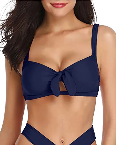 Ruched bikini with fabric gathers for a slimming effectGorgeous And Vibrant Solid Color Push Up Bikini Top-Navy Blue