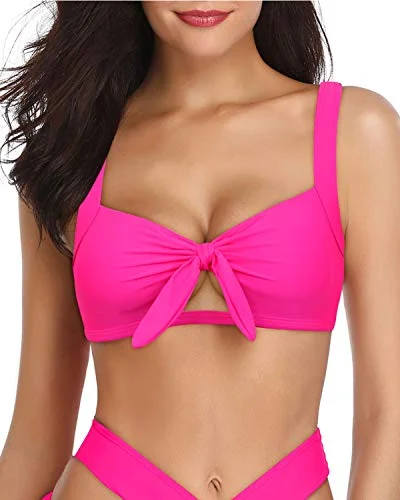 Lace - trimmed bikini for an elegant and romantic touchAdjustable Straps Bathing Suit Tops Cute Tie Knot-Neon Pink